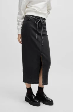 HUGO BOSS Belted Maxi Skirt In Salt-and-pepper Stretch Denim | Women Skirts