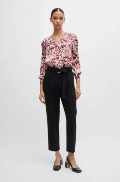HUGO BOSS Floral-print Blouse In Satin With Notch Neckline | Women Blouses