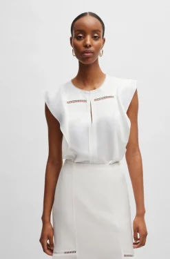 HUGO BOSS Flutter-sleeve Blouse With Ladder-lace Trim | Women Tops