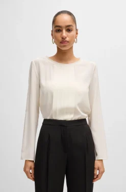 HUGO BOSS Long-sleeved Blouse In Washed Silk With Pleated Front | Women Blouses