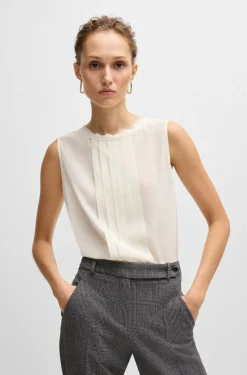 HUGO BOSS Pleat-front Sleeveless Blouse In Washed Silk | Women Blouses