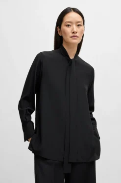 HUGO BOSS Regular-fit Blouse In Silk With Bow-tie Collar | Women Blouses