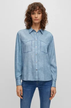 HUGO BOSS Regular-fit Blouse With Denim-effect Print | Women Blouses